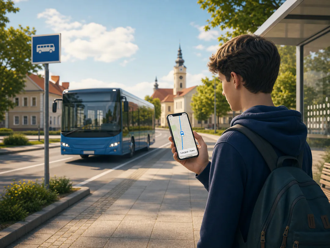 Iskolatáskával várakozó diák a telefonján követi a megállóhoz közeledő kék helyi buszt